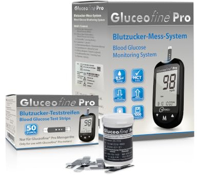 Starter Set L Gluceofine® Pro Blutzuckermessgerät (mg/dL) + 60 Blutzuckerteststreifen, 10 Lanzetten, 1 Stechhilfe, 1 Etui, zur Blutzucker-Selbstkontrolle bei Diabetes
