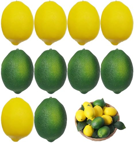 Srvauyea 10 Piezas Limón Amarillo Artificial, Limones Verde Artificiales, Falso de Limón Artificiales, Limones Artificiales Decorativos para Decoración de Mesa de Cocina Hogar Centros de Mesa
