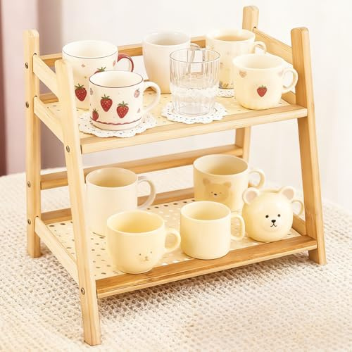GBKDQQ Organisateur de cuisine 40 cm : Étagère à deux étages pour café, porte-tasses en bambou, porte-tasses, étagère de rangement, étagère à épices, étagère de cuisine en bambou pour l'organisation