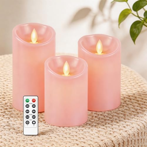 AiiBowy Led Kerzen [3er Set] Flammenlose Echtwachs Flackernde Dimmbar mit Fernbedienung Weihnachtskerzen led kerzen adventskranz 4/5/6” Tischdeko, Halloween, Weihnachten, Hochzeit, Party (Rosa)