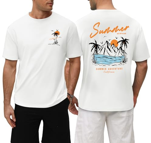 Lonya Tee Shirt Homme Oversize Ete Coton Col Rond T-Shirts à Manches Courtes Décontracté avec Imprimé Au Verso Cocotier Vague Marine T Shirt Vintage Basique Casual Coupe Ample Tops, Blanc, M