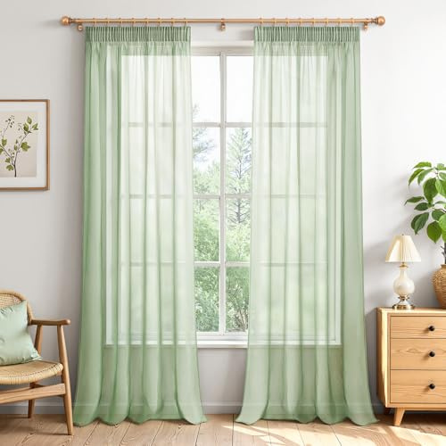 MRTREES Rideaux Salon Voilage Rideau Bohème pour Rail Coulissant Plafond 140 x 260 cm (LxH), Rideaux Vert Sauge Transparents pour Chambre Salle à Manger Baie Vitrée Moderne Lot de 2