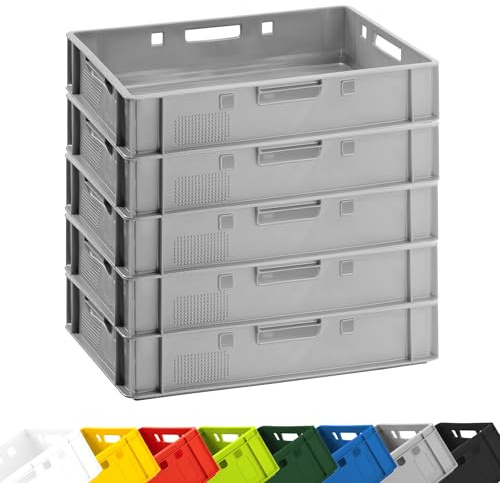 Fleischkiste E1 60x40x12,5 cm Eurobox 5er Set Grau lebensmittelecht robust | BURI, stapelbar, Kunststoff, Made in Germany, Lagerbox, Transportbehälter, belastbar, Normmaß, flach, langlebig