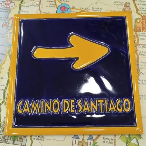 Keramikkachel Camino de Santiago - Gelber Pfeil & Schriftzug 15 x 15 cm - Echte Keramik-Fliese, Jakobsweg Souvenir Galizien