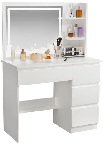 Coiffeuse avec Miroir LED, Éclairage 3 Couleurs, 100cm Coiffeuse, Blanc