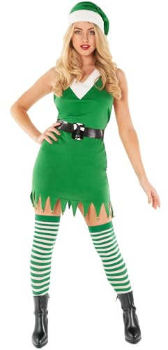 Fun Shack Weihnachtselfen Kostüm Damen, Festliches Halloween Kostüm | Kleid, Gürtel, Hut & Socken, Grünes Design, Zum Überziehen, Perfekt für Halloween, Ideal zum Verkleiden