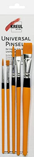 KREUL 723032 - Universalpinsel Synthetics Set, für Hobby, Schule und Kunst, 3 Flachpinsel in den Größen 6, 12 und 16 sowie 2 Rundpinsel in den Größen 4 und 8, Silber
