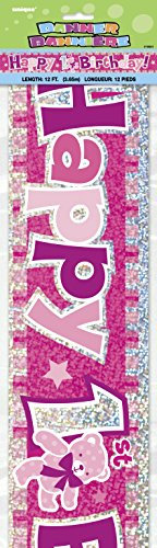 Happy 1st Birthday Pink Prism Banner (3.6 Meter Long) 1 Piece - Perfect for First Birthday Party Decorations