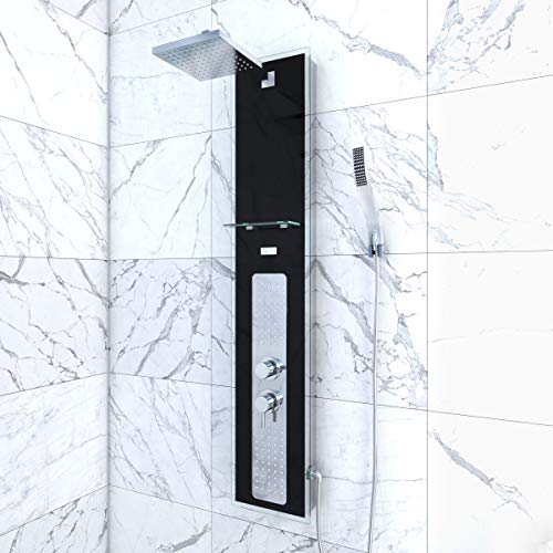 Colonne de Douche à Hydromassage 22x125cm - Verre Trempé avec plaque Inox - ALPHA BLACK