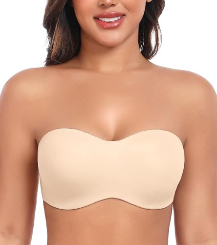 DotVol Seamless Bandeau Unlined Underwire for Large Bust Women's Minimizer Strapless Bra (Beige，38D)