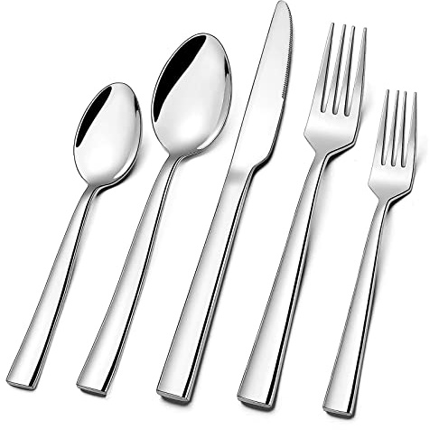 Silverware Set for 12, CXJY 60-Piece Stainless Steel Flatware Cutlery Set, Square Edge Kitchen Utensil Include Knives/Forks/Spoons, Tableware for Home/Hotel, Mirror Polished Dishwasher Safe