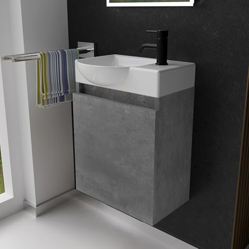 Alpenberger Waschbecken mit Unterschrank Gäste WC 45 cm hängend Cement | Kleiner Waschtisch mit Unterschrank: Keramik & MDF, wandhängend, Softclose Tür, mit Überlauf, für kleine Bäder, Links Becken