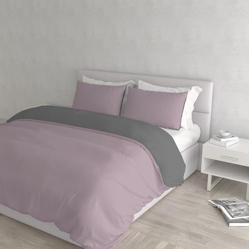 Set Copripiumino 100% Cotone Natural Color, Made in Italy - Parure Copri Piumino - Sacco Piumone 250x200 cm con Doppia Patella e Federe Cuscino, Matrimoniale, Rosa Antico/Grigio Scuro