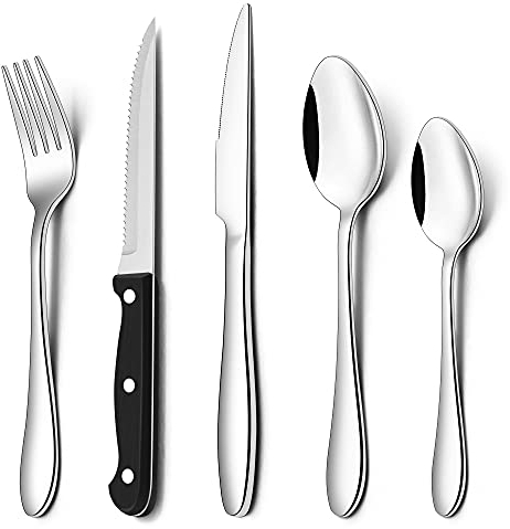 Herogo Cutlery Set, 30 Piece Stainless Steel Flatware Set with Steak Knives, Tableware Silverware with Spoon Knife and Fork Set, Service for 6 People, Mirror Polished, Dishwasher Safe