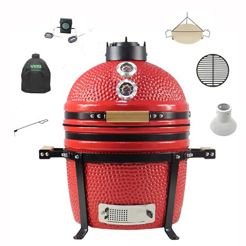 YNNI KAMADO TQTT15RE - Kamado de pie (15,7 pulgadas), color rojo, barbacoa, cerámica, huevo, ahumador, paquete con ExtrasTQTT15RE