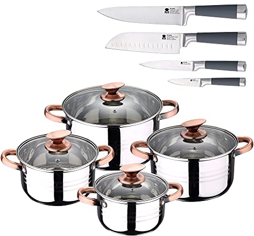 San Ignacio Bateria de cocina 8 piezas apta para induccion Altea en acero inoxidable con set 4 cuchillos de cocina, PK3235