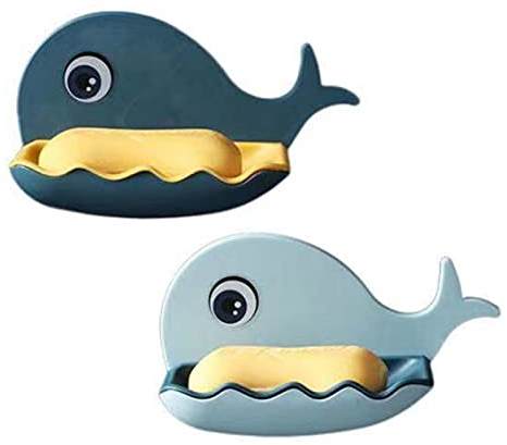 Seifenschale Seifenhalter, 2 Stück Gummiseifenhalter ohne Bohren, Wandmontage Walseifenbox für Badezimmer Küche Duschraum Seifenhalter mit Wasserablauflöchern Design Wandkleber (Weiß, Blau)