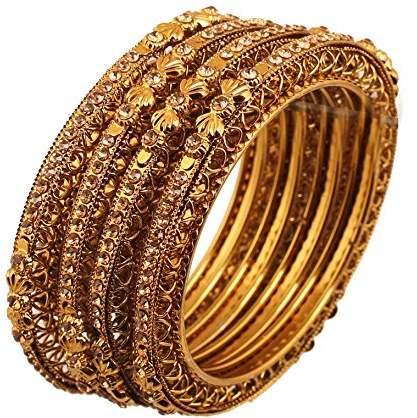 Touchstone „Goldene Armreif-Kollektion“ Indischer Bollywood Ethnischer filigraner gelber Strass Designer Schmuck Metall Armreif Armbänder in antikem Goldton für Frauen. Set von 4.
