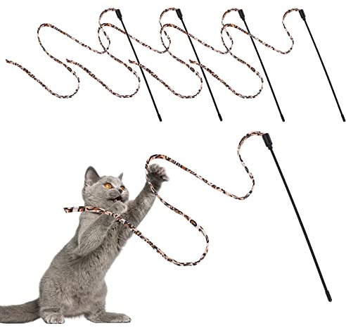 Molain Katzenstab, Regenbogen Spielzeug, 5 Stück Regenbogen Schleifen Zauberstab für Kätzchen Katzen Training Regenbogenband Katzen Zauberstab interaktives Fängerstab(30 cm, Leopardenmuster)