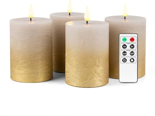 Fanna 4 LED Flammenlose Echtwachs kerzen Rustikale Design, Batteriekerzen mit Timer für Weihnachten Dekorationen und Advent, Fernbedienung und Batterien enthalten - H 10cm - Sandgrau/Gold