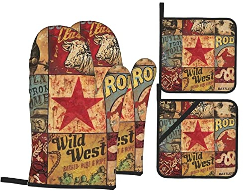 4 Stück Ofenhandschuh Und Topflappen Set Western-Cowboystiefel Im Rustikalen Landhausstil Topflappen Geeignet Ofen Mitts Lustig Ofenhandschuh Für BBQ, Die Küche, Zum Grillen