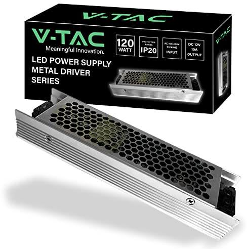 V-TAC Alimentatore per Strisce LED Professionale 120W 12V 10A - Trasformatore in Metallo per Apparecchiature Elettroniche, Telecamere, Schermi - Ultra Sottile - AC:85-265V | Trasformatore in Metallo per Apparecchiature Elettroniche, Telecamere, Schermi - AC:85-265V