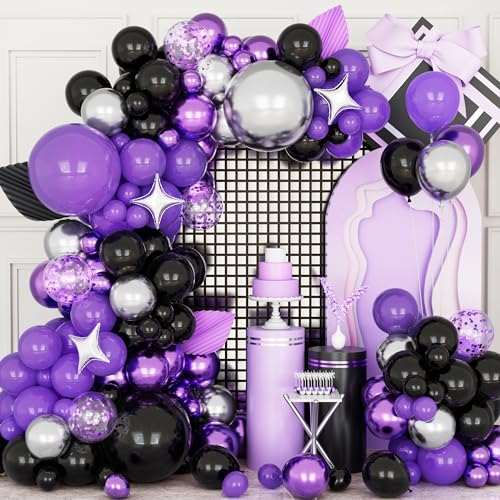 Guirnaldas de Globos Negro Lila Plata, 138 Piezas Globos de Cumpleaños Morados Plateados y Globos de Confeti para Mujeres Hombres Boda Cumpleaños Aniversario Graduación Fiesta