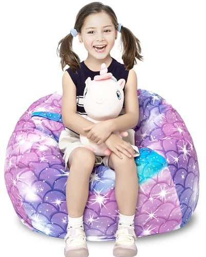 LOLOMLO Stuffed Animal Storage Bean Bag Chair Cover, Hold Kids Plush Toys Blankets Towels Beanbag (Cover Only), Canvas Floor Circle Stuff Sit Seat Sofa with YKK Zipper, Large 32, Classic Mermaid