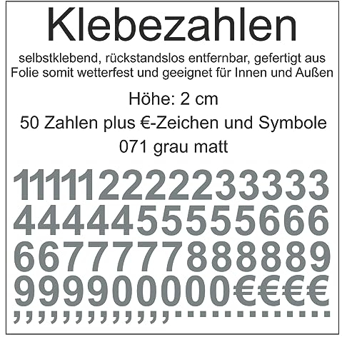 Aufkleber Sticker Klebezahlen Klebezahl Zahlen Zahl Nummern aus Folie 50 Zahlen grau matt Höhe 2 cm selbstklebend wetterfest Nummerierung Preisauszeichnung Beschriftung Modellbau verzieren