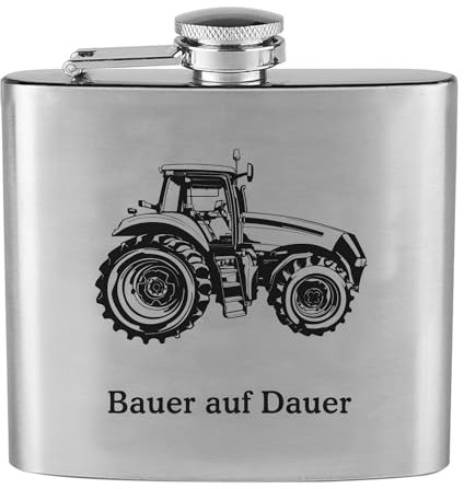Flachmann mit Gravur Motiv Traktor und Wunschtext personalisiert Edelstahl Landwirt Bauer Trecker auch als Set Geschenkset Wunschgravur Name (Traktor Modern)