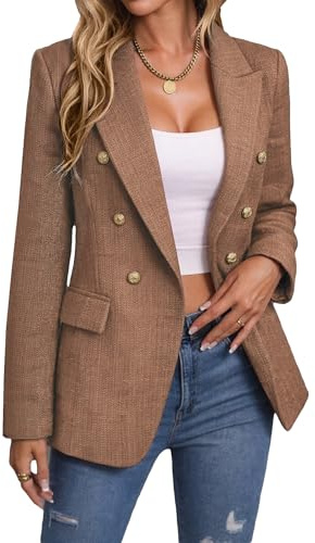 Mina Self 2026 Winter Women's Tweed Wool Blazer Jacket - Plaid Warm Fully Lined Fashion Business Casual Elegant Coat Pockets Brown L