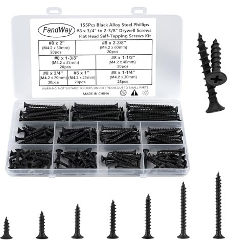 FandWay 155Pcs Drywall Screws Set,M4.2 Wood Screws Black,Flat Head Self Tapping Screw,Countersunk Head Self Drilling Sheet Metal Screw Phillips Drive for Soft Steel/Aluminum/Wood/Plastics.