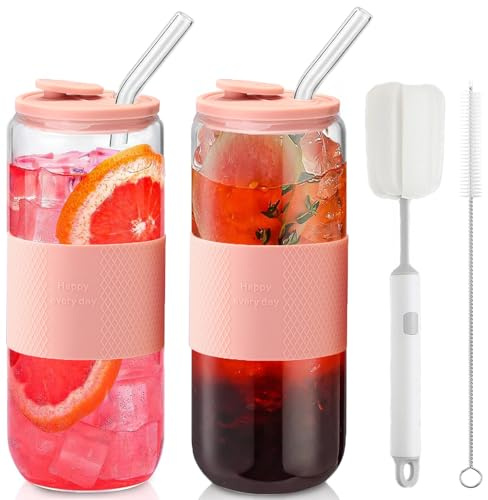 CJWLKJ Lot de 2 gobelets en verre en forme de canette de 700 ml avec couvercles en silicone et pailles en verre, verres à boire avec couvercles et pailles, manchons en silicone, verres à bière, café