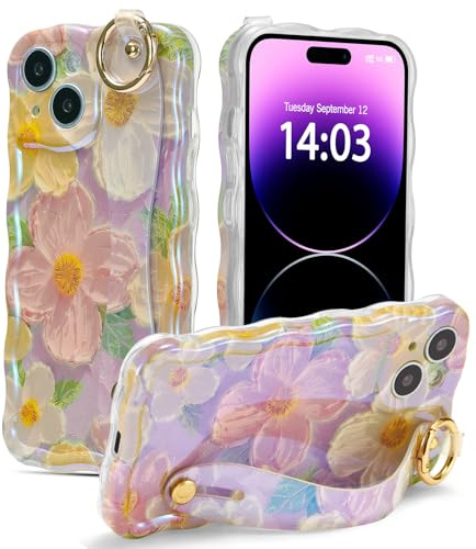 EYZUTAK Case with Hand Strap for iPhone 13, Colorful Oil Painting Flower With Wristband Kickstand Laser Curly Wave Edge Phone Cover Stylish Durable TPU Protective Case for Women - Pink