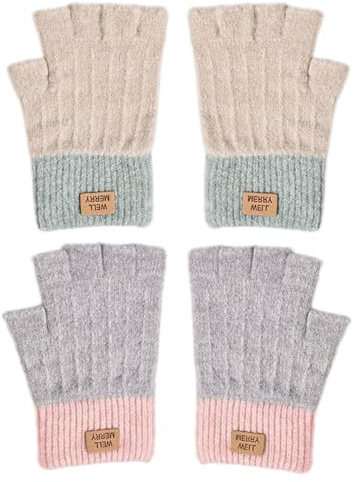 Irunfast 2Pcs Women's Winter Half Finger Gloves, Warm Ladies Winter Knitted Fingerless Gloves for Cell Phone, Skiing, Cycling, Offic (Grey + Khaki)