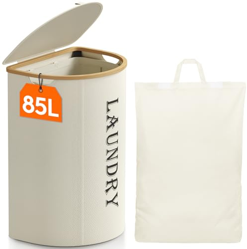 Lifewit 85L Wäschekorb mit Deckel und Bambusrahmen, Weiß | Faltbare Wäschebox mit herausnehmbarem Wäschesack und Griffen für Schlafzimmer, Bad und Waschküche