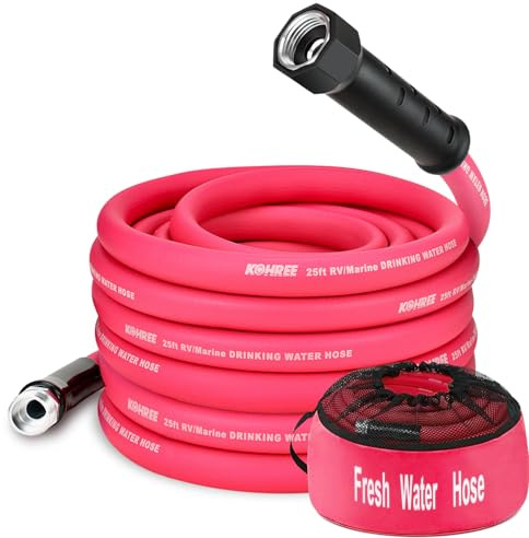 Kohree 25FT RV Water Hose, 5/8'' Premium Drinking Water Hose Leak Free, No Kink and Flexible Garden Hose with Storage Bag, Ideal for RV, Camper, Garden, Truck, Car - Pink