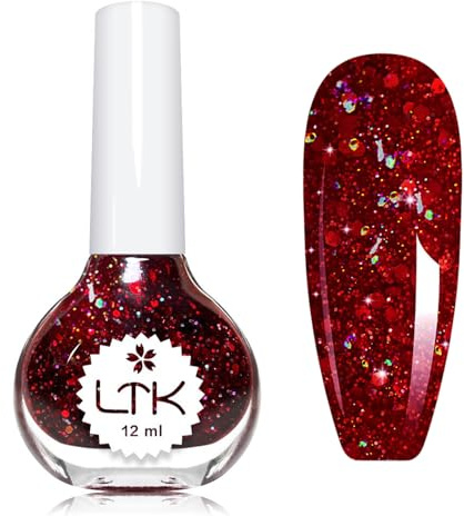 Roter Glitzer Nagellack, Regenbogen Blinken Nagellack Dunkelrot, Hochwertig Rot Langanhaltender Schnelltrocknender Nail Poilish Glitter für Anfänger DIY Nail Art Maniküre Salon