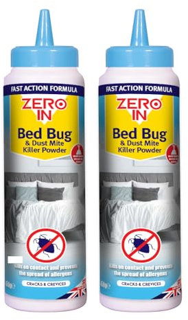 Zero In Bed Bug & Dust Mite Killer Powder 450g - Fast Acting Formula for Home & Bedding - Effective Solution for Bed Bugs, Dust Mites & Allergens - 2-Pack