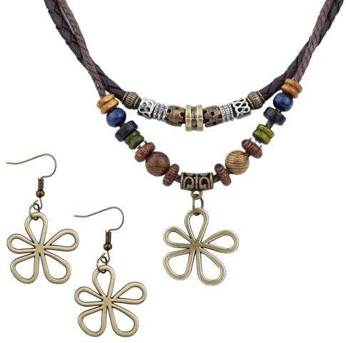 Mikovivi Collar Cuentas de Madera en Capas con Pendientes de Flores Huecas, Collares Bohemios Hippies Joyería Bohemia unisex para Hombres y Mujeres