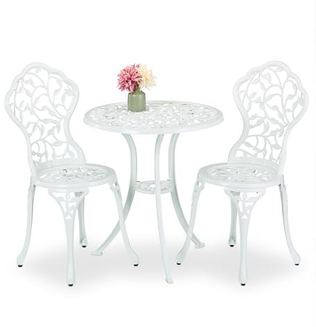 Relaxdays Set med trädgårdsmöbler, 3 delar, bord och 2 stolar, gjuten aluminium, balkongmöbler med bladmönster, trädgård sittgrupp, vit