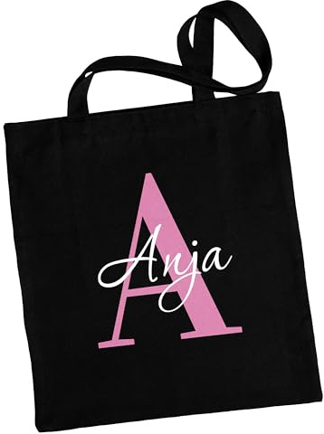 Einkaufstasche personalisiert mit Namen & Initialen - Stofftasche, Stoffbeutel, Tragetasche - Geschenk für Frauen Kollegen Freundin - Schwarz, 38x42 cm, 100% Baumwolle, langer/kurzer Henkel