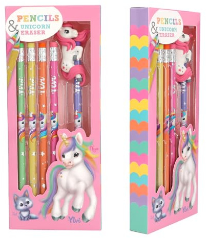 Depesche 12861 Ylvi - Regenbogen Bleistift Set, 5 Stifte in unterschiedlichen Designs, mit je einem Radiergummi, inkl. extra Einhorn Radiergummi