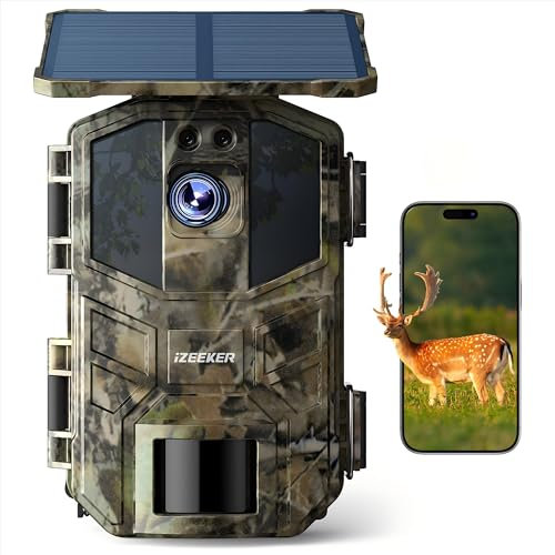 iZEEKER Solare WiFi Fototrappola 4K 64MP con Scheda SD 32GB, Bluetooth e APP Fototrappola con 5200mAh Batteria, Visione Notturna, 0,1s Tempo di Scatto Attivato dal Movimento per Monitoraggio Fauna