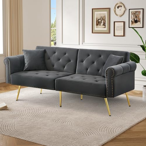 Zravenna Polster Modernes Schlafsofa,Rückenlehne mit 3-stufiger Verstellung & vergoldete Metallfüße mit Schlaffunktion,Schwamm,für kleine Räume (Antik Grau)