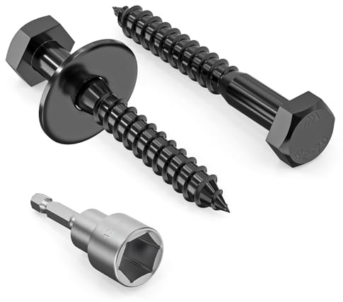 Valorada Lot de 10 vis tire-fond M10 x 75 mm, boulons tire-fond robustes en acier inoxydable 304, vis à bois à tête hexagonale, filetage partiel en oxyde noir, avec rondelles et foret à six pans creux
