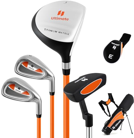 GYMAX Ensemble Complet de Clubs de Golf pour Enfants, #3 Fairway, #7 & #9 Fers, Putter, Sac de Golf Trépied Housse Protecteur de Pluie, Couvre-tête, pour Droitiers Juniors 8-10 Ans (Orange)