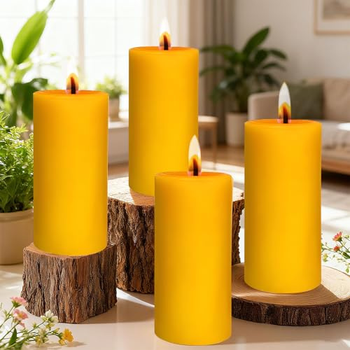 4 Stück Stumpenkerzen, Stumpenkerzen Gelb Höhe 10 cm Ø 5,5 cm, Lange Brenndauer, Kerzen Set Säulenkerzen Kerzen-Deko Tafelkerzen Weihnachts-Kerzen für Haushalt, Feiern und Gastronomie