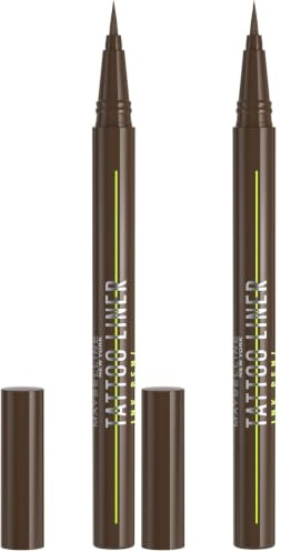 Maybelline New York Flüssiger Eyeliner, Wasserfest, wischfest und langanhaltend, Vegan, Tattoo Liner Ink Eyeliner, Nr. 882 Pitch Brown (Braun), 1 ml (Packung mit 2)