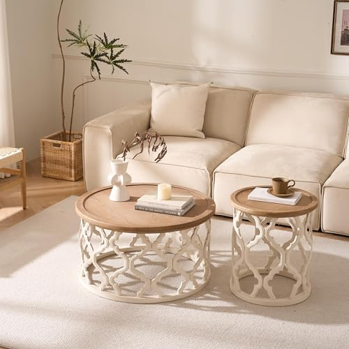 Cagnolier Couchtisch Rund 2er Set mit Weiß Durchbrochenen Tischbeinen | Ø 76 × 41cm und Ø 45×52 cm, Landhaus, Modern, Erhöhte Kante, Wohnzimmertisch Holz,Coffee Table, Für Wohnzimmer, Schlafzimmer